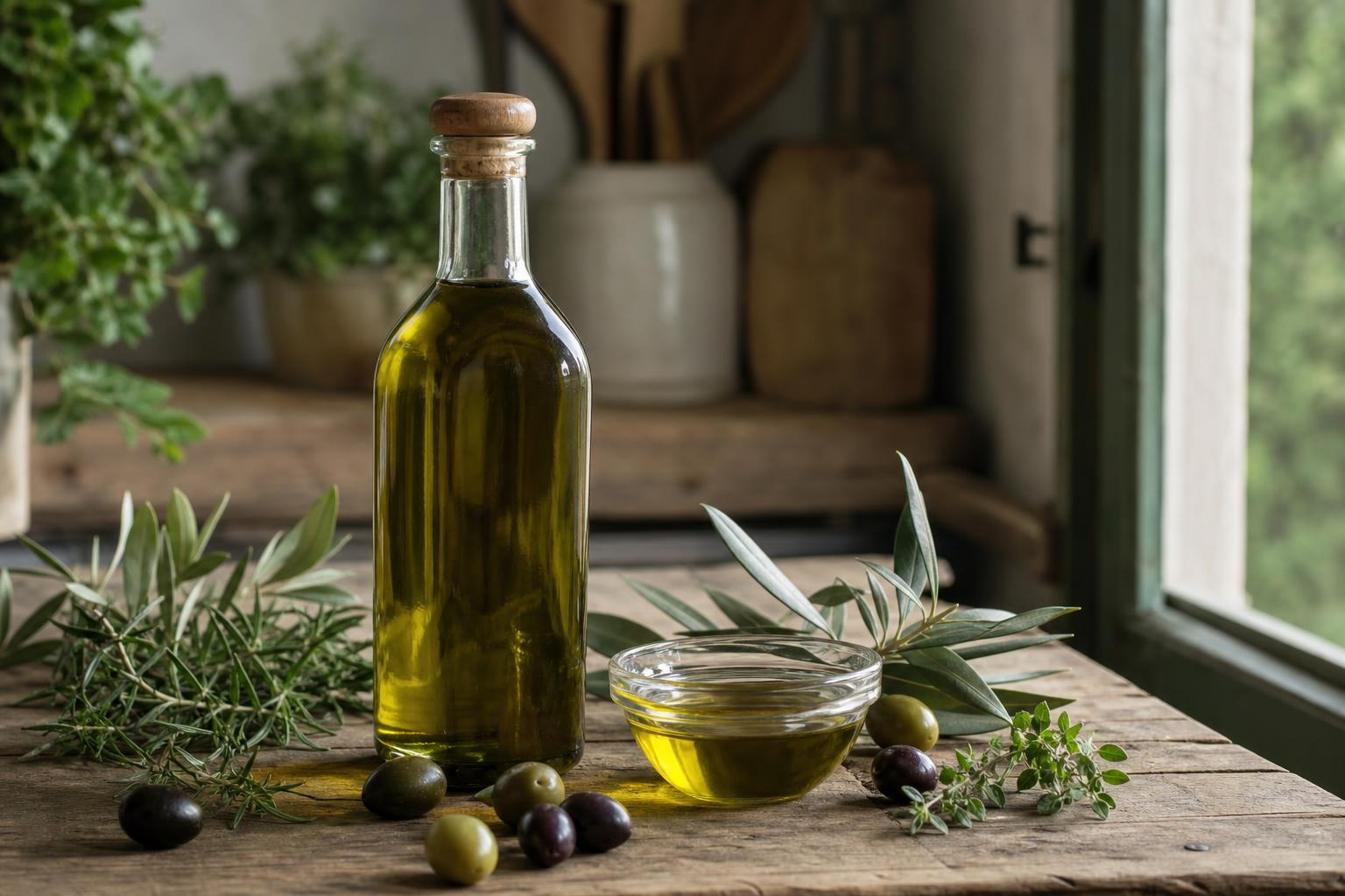 bottle of extra virgin olive oil on a rustic wooden kitchen table, small glass bowl of golden-green olive oil, fresh herbs and whole olives, soft natural window light, candid documentary style