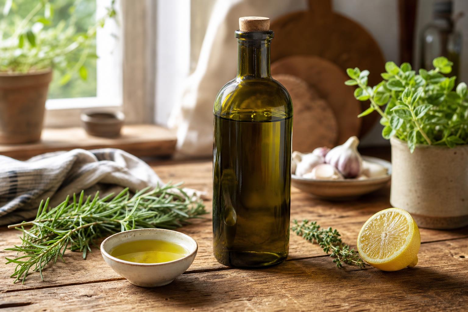 A close-up of a small ceramic bowl of golden-green extra virgin olive oil on a wooden table, soft side window light, a sprig of rosemary resting beside it, candid kitchen scene