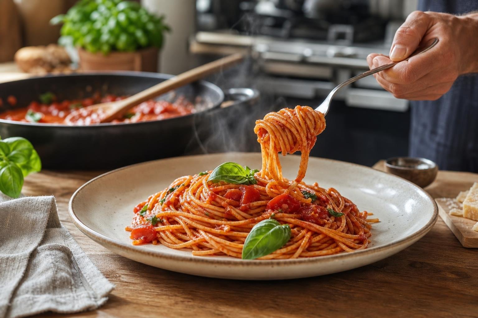 wide ceramic plate of spaghetti with rich tomato-basil sauce, fork twirling a nest of sauce-coated pasta, fresh basil, steam, candid kitchen light, mid-shot no text