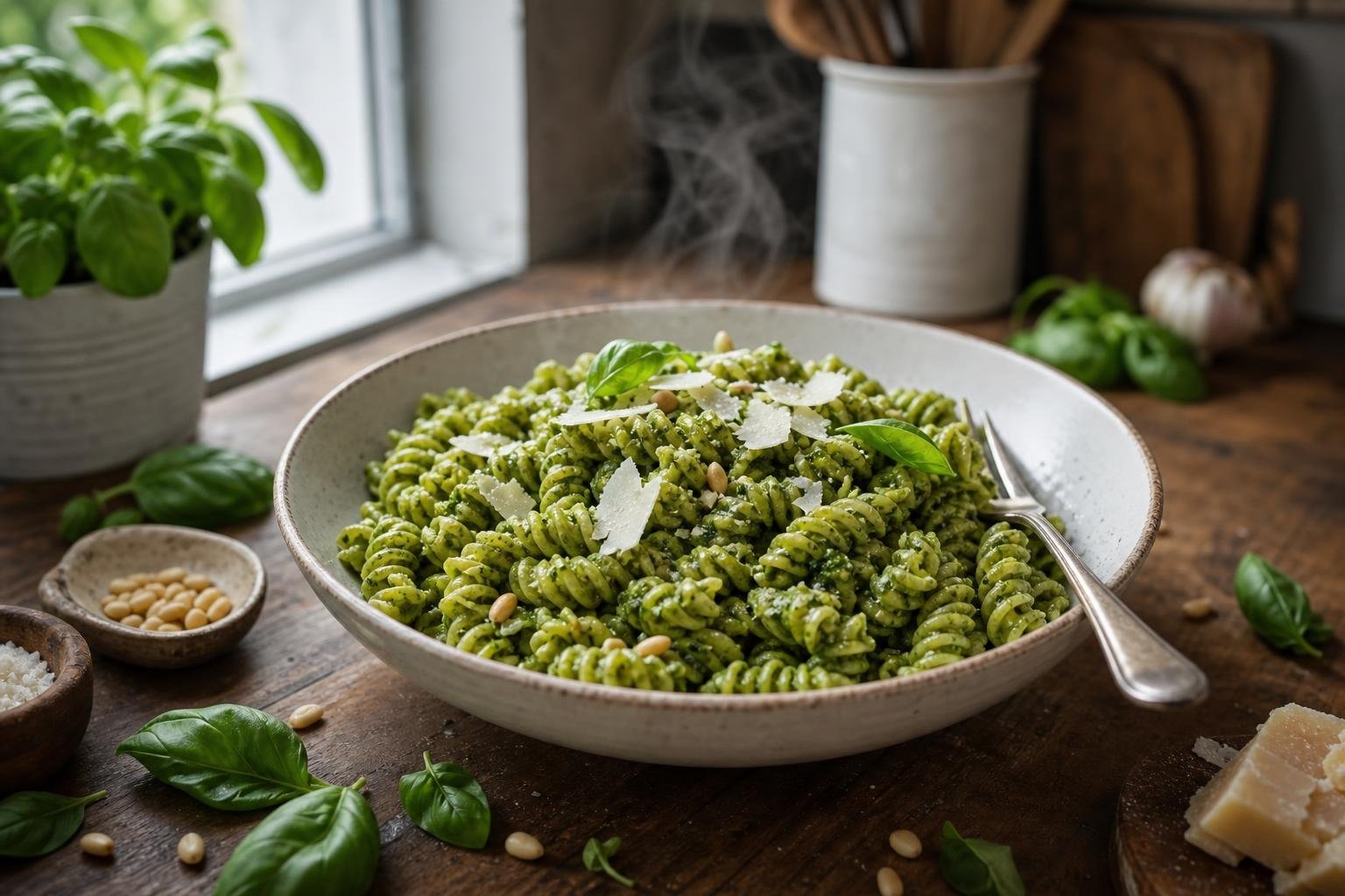 fusilli pasta being tossed with vibrant green basil pesto in a ceramic bowl, fork resting on the rim, pine nuts and basil leaves scattered around, parmesan shavings on top, candid kitchen mid-shot, natural light, steam visible, no text or logos