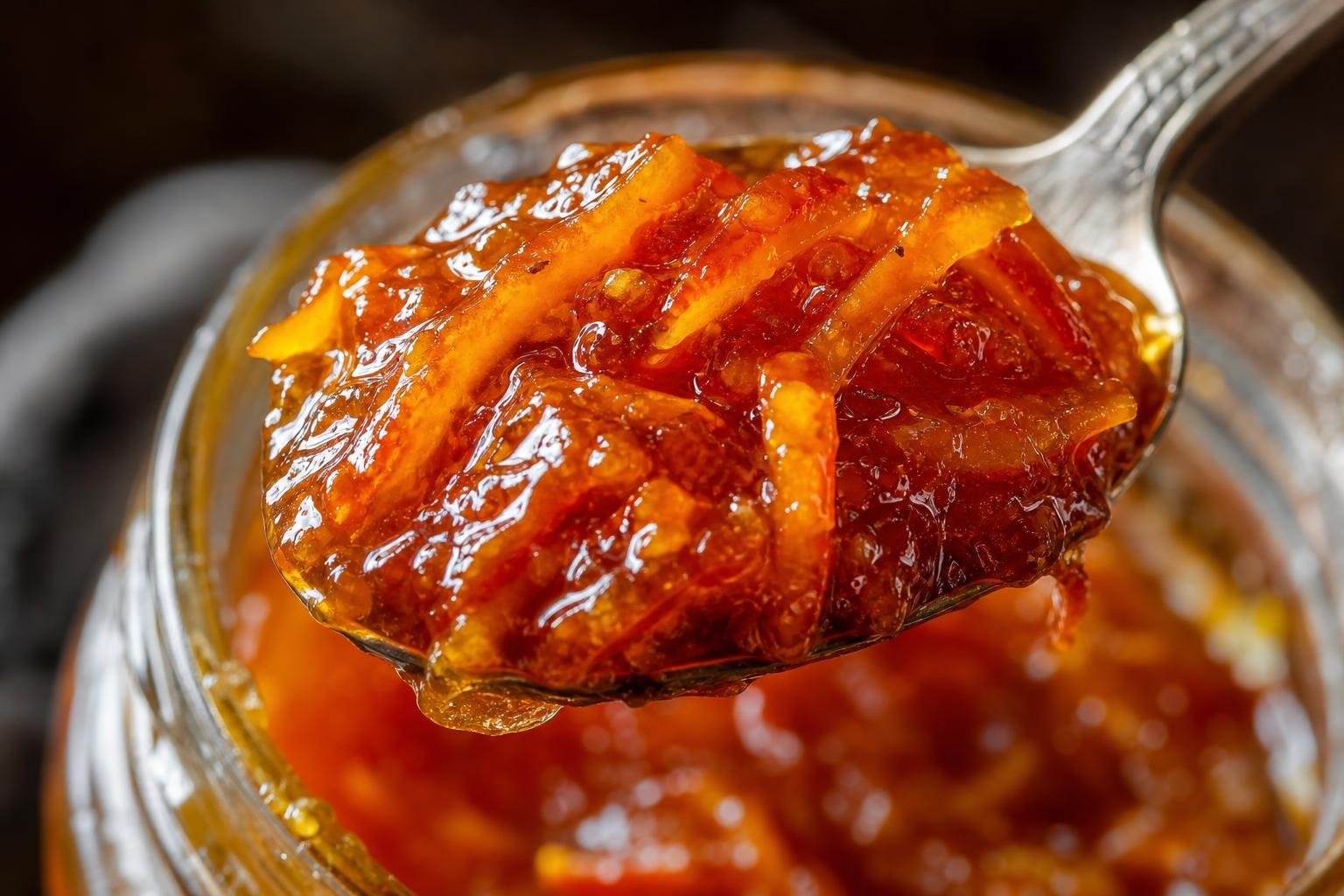 extreme close-up macro of a spoonful of deep amber blood orange marmalade held over an open glass jar, glossy preserve with visible citrus peel shreds in translucent jelly, shallow depth of field, candid kitchen feel, no text no logos