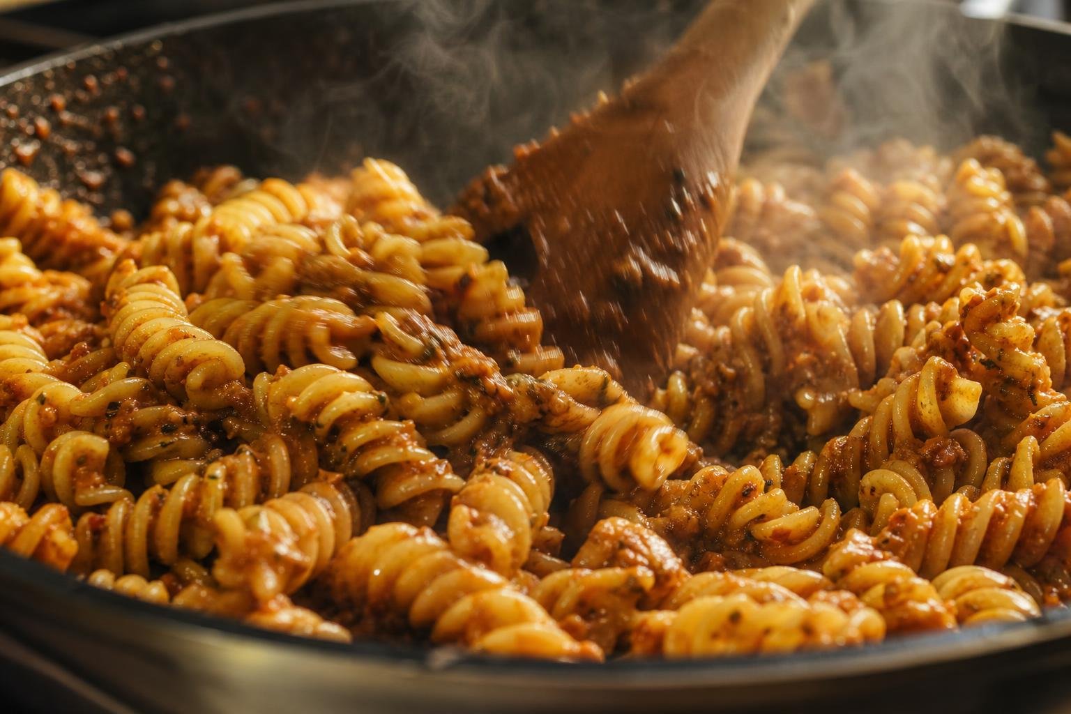 extreme close-up of bronze-drawn fusilli pasta being tossed in a wide pan, rough wheat-golden surface visible with flecks of sauce clinging to spiral ridges, steam rising, wooden spoon mid-motion, warm kitchen light from above, candid cooking moment, shallow depth of field, no text or logos