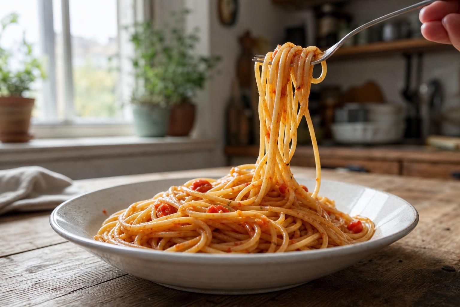 plate of long spaghetti with light tomato sauce, fork lifting a few strands, rustic wooden table, soft side daylight, candid food photo
