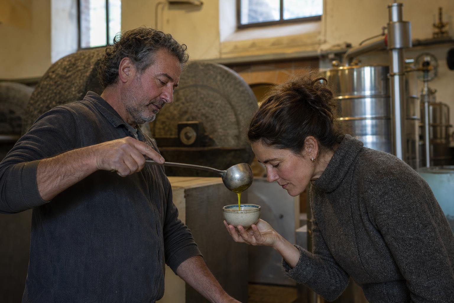 two people tasting freshly pressed extra virgin olive oil at a small Tuscan frantoio, one pouring from a ladle into a ceramic tasting bowl, warm indoor light, documentary style, no text or logos