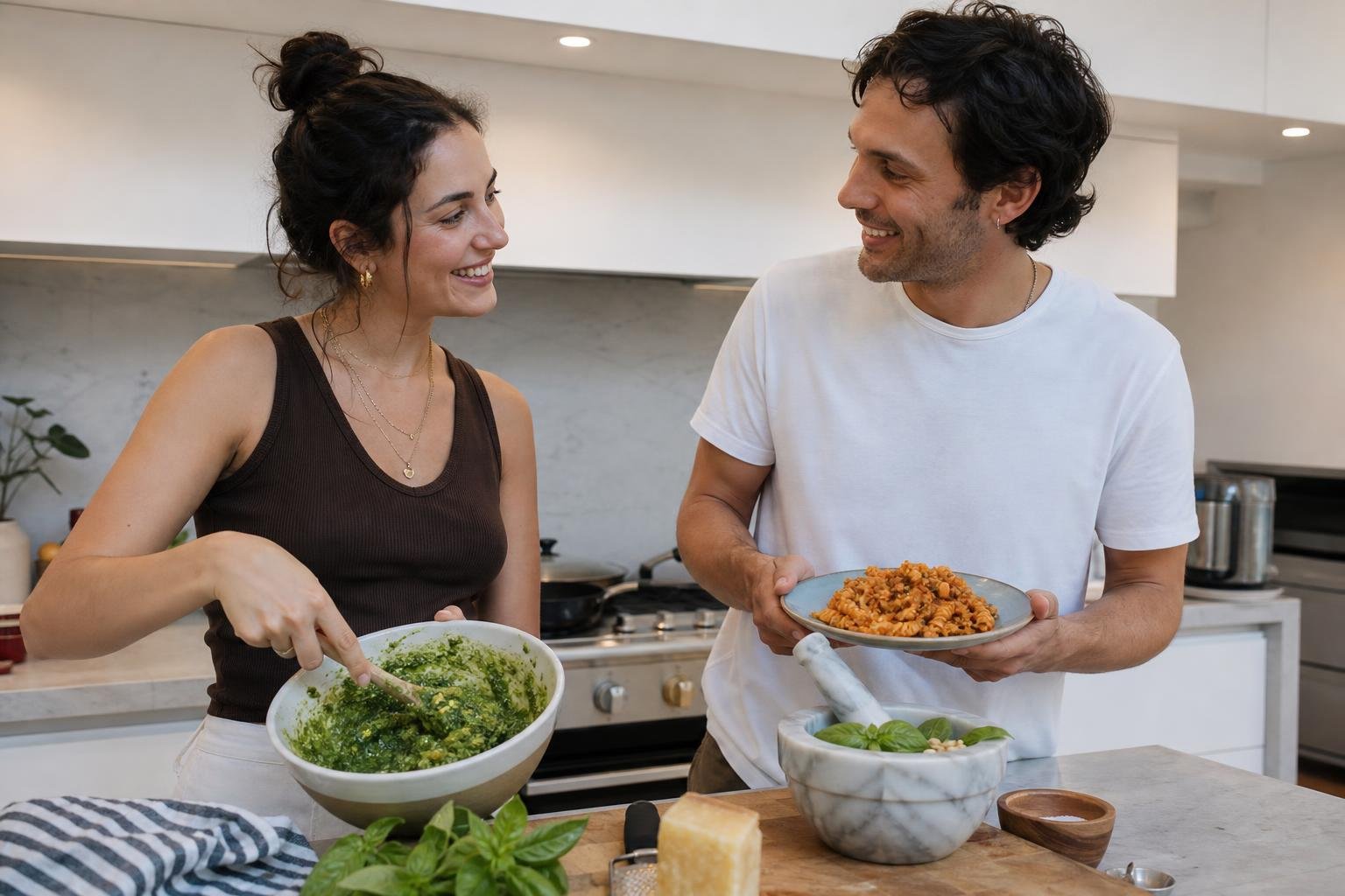 Two people at a kitchen counter in a real home kitchen — one stirring a bowl of bright green pesto alla genovese while the other holds a plate of fusilli pasta coated in red pesto, mid-conversation, both smiling; a marble mortar with basil and pine nuts sits nearby, natural kitchen light from overhead, candid documentary moment