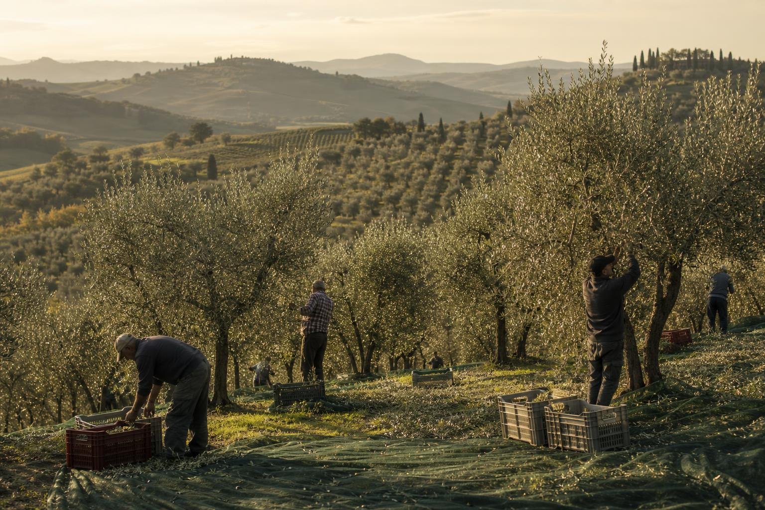Tuscan olive grove hillside at golden hour, workers harvesting olives into wooden crates, documentary wide-angle framing, warm hazy afternoon light, no text