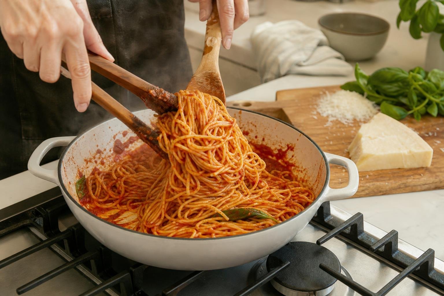 spaghettini being tossed with sauce in a wide ceramic skillet on a kitchen stove, wooden tongs lifting a nest of sauce-coated long pasta, steam rising, fresh basil and parmesan visible beside the pan, candid kitchen documentary shot, warm natural light, mid-shot showing the full pan, no text, no logos