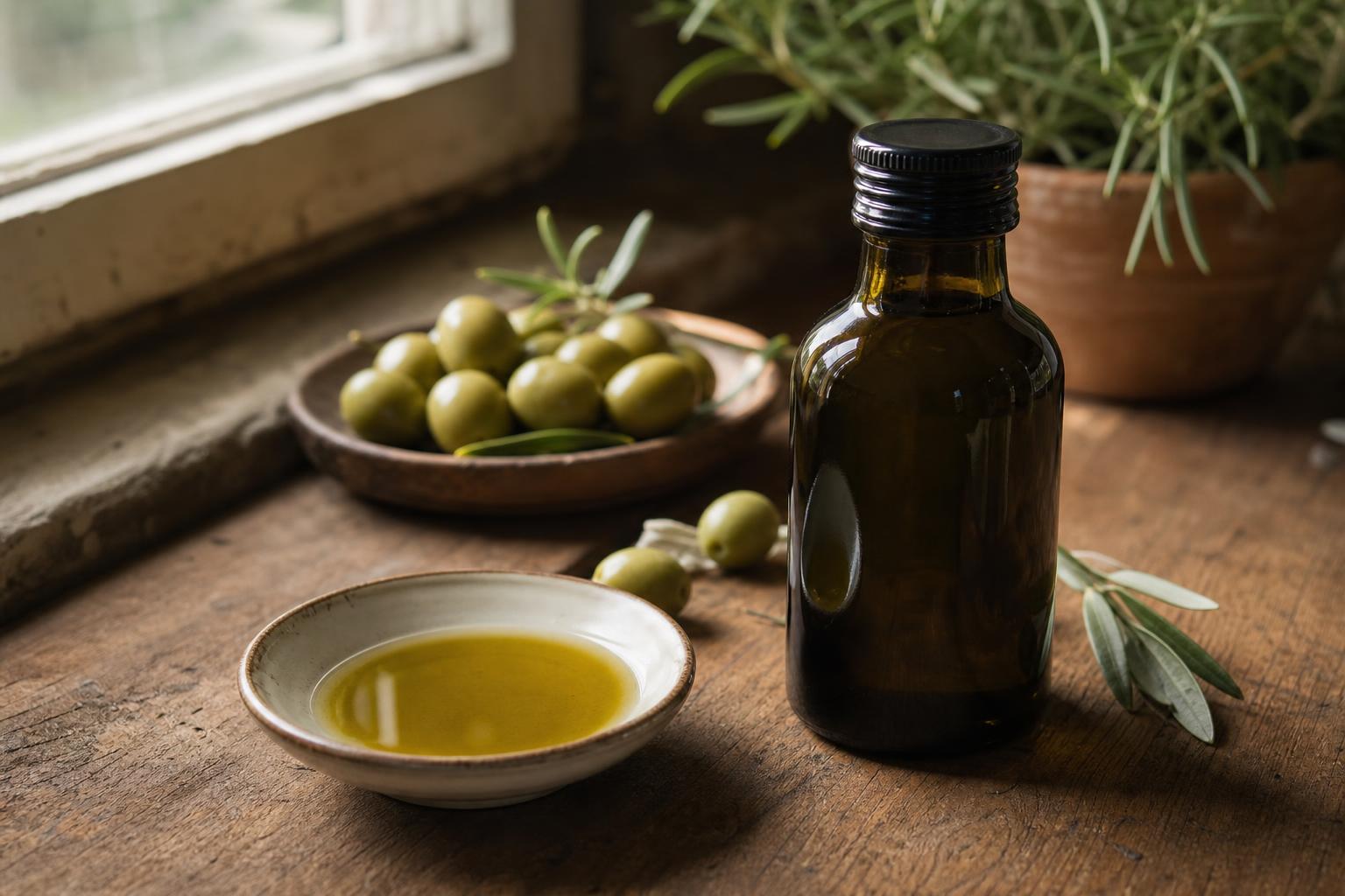 rustic kitchen table with a small dark glass bottle of Tuscan extra virgin olive oil, golden-green oil in a ceramic dish, fresh green olives nearby, soft natural side light, documentary mood