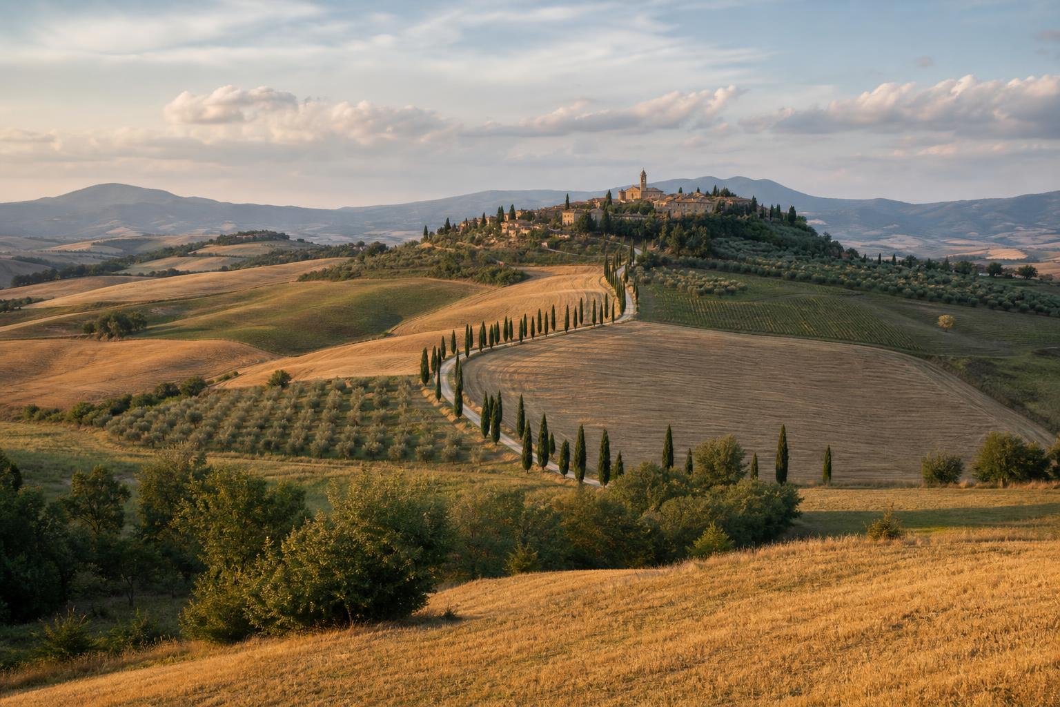 wide environmental shot of Tuscan rolling hills in the Val d'Orcia at late afternoon, cypress road winding toward a stone hilltop village, patchwork olive and wheat fields, documentary travel photography style, natural overcast-warm light, no text
